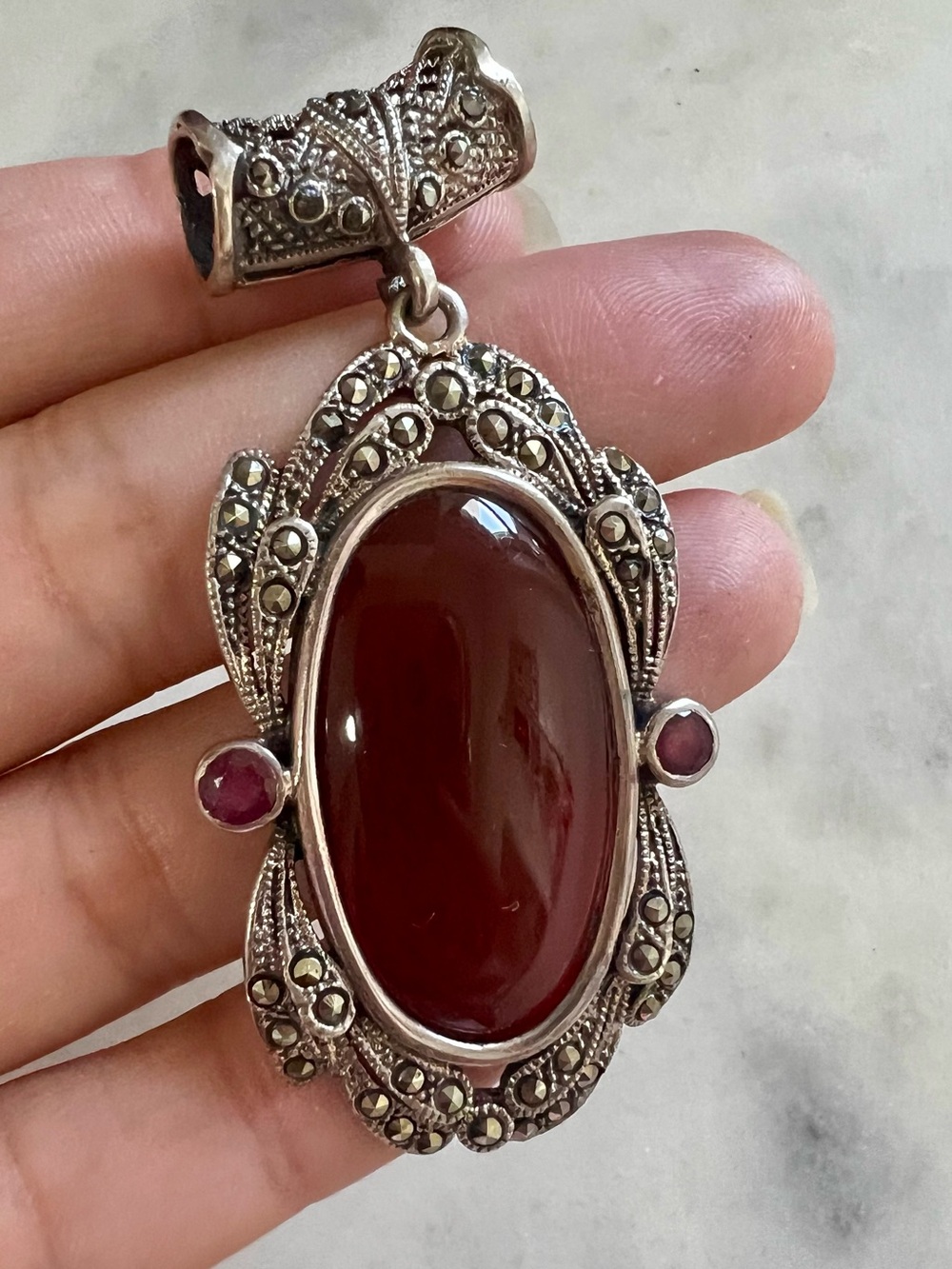 Vintage 925 Sterling Silver Art Deco Carnelian Ruby Marcasite Large Pendant 2.5”